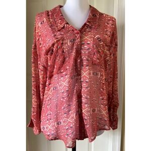 FREE PEOPLE Chiffon Easy Rider Geometric Womens S Shirt Button Down BLOUSE TOP